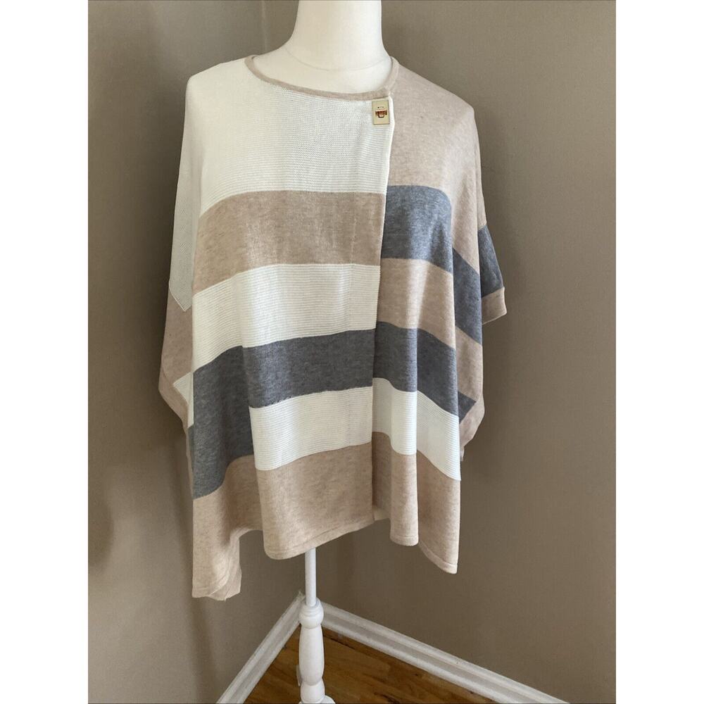 Calvin Klein Beige Gray Multi Stripe Colorblock Turnlock Poncho Sweater One Size